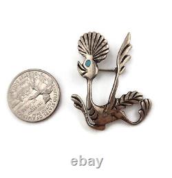 Vintage Sterling Silver Native American 925 Turquoise Eye Road Runner Pin Brooch