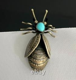 Vintage Sterling Silver Native American Bug Insect Turquoise Pin Brooch RARE