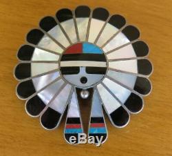 Vintage Sterling Silver Native American Zuni Inlay Sunface Pin Pendant