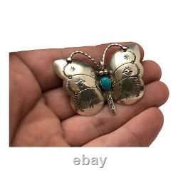 Vintage Sterling Silver Navajo Turquoise Signed Butterfly Native Pin Pendant