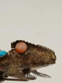 Vintage Sterling Silver Stamped Navajo Turquoise Pink Coral Horny Toad Pin