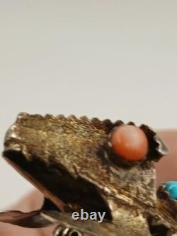 Vintage Sterling Silver Stamped Navajo Turquoise Pink Coral Horny Toad Pin