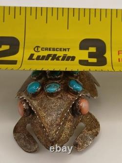 Vintage Sterling Silver Stamped Navajo Turquoise Pink Coral Horny Toad Pin