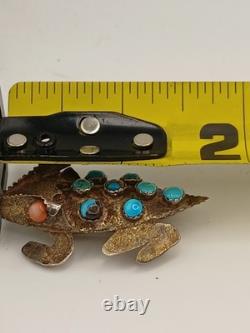 Vintage Sterling Silver Stamped Navajo Turquoise Pink Coral Horny Toad Pin