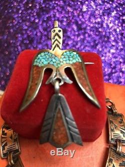 Vintage Sterling Silver Thunderbird Crush Coral Turquoise Pin & Cooper Bracelet