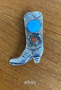 Vintage Sterling Silver Turquoise Coral Cowboy Boot Pin Brooch Pre Owned Signed