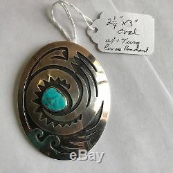 Vintage Sterling Silver Turquoise Pendant Pin Oval Overlay