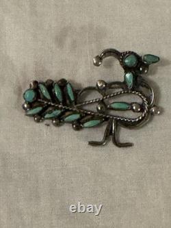 Vintage Sterling Silver Turquoise Roadrunner Bird Brooch Pin Zuni Style