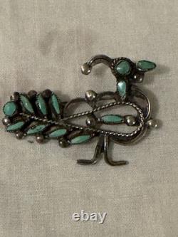 Vintage Sterling Silver Turquoise Roadrunner Bird Brooch Pin Zuni Style