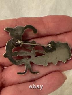 Vintage Sterling Silver Turquoise Roadrunner Bird Brooch Pin Zuni Style