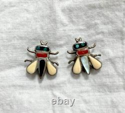 Vintage Sterling Zuni Stone Inlay Pair Of Insect Fly Pins