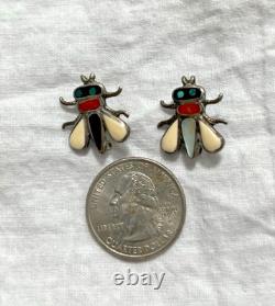 Vintage Sterling Zuni Stone Inlay Pair Of Insect Fly Pins