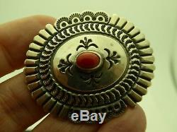 Vintage Sunshine Reeves Navajo Sterling Silver 925 Coral Oval Brooch Pin
