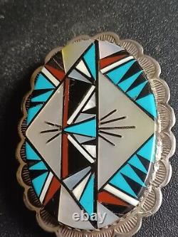 Vintage Tommy Jackson Navajo Sterling Silver Stone Turquoise Inlay Pin Brooch