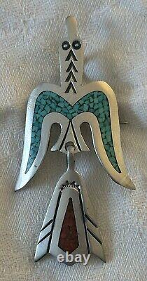Vintage Tommy Singer Silver, Turquoise, Coral Peyote Bird Pin / Pendant