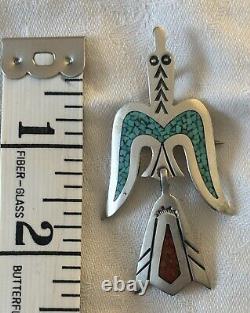 Vintage Tommy Singer Silver, Turquoise, Coral Peyote Bird Pin / Pendant