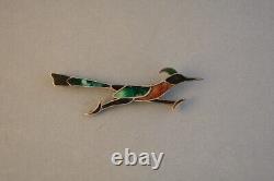 Vintage Unique Sterling Silver Inlay Pin Brooch Roadrunner Bird 3 Long