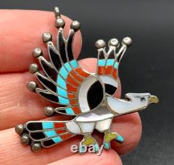 Vintage ZUNI C. DISHTA Eagle Turquoise & Coral SILVER Pin Brooch Pendant BEAUTY
