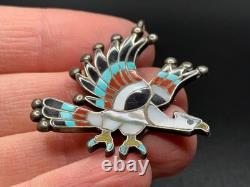 Vintage ZUNI C. DISHTA Eagle Turquoise & Coral SILVER Pin Brooch Pendant BEAUTY