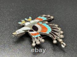 Vintage ZUNI C. DISHTA Eagle Turquoise & Coral SILVER Pin Brooch Pendant BEAUTY
