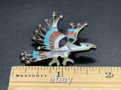 Vintage ZUNI C. DISHTA Eagle Turquoise & Coral SILVER Pin Brooch Pendant BEAUTY