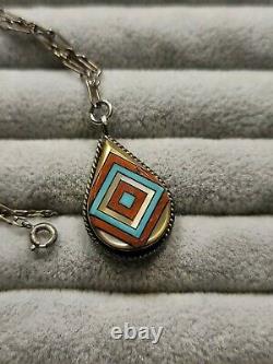 Vintage ZUNI Native American V. Vacit Turquoise Sterling Silver Pendant Necklace