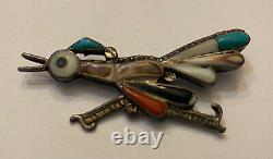 Vintage ZUNI Old Pawn Sterling Silver ROADRUNNER PIN Turquoise Coral Shell Coral