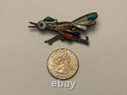 Vintage ZUNI Old Pawn Sterling Silver ROADRUNNER PIN Turquoise Coral Shell Coral
