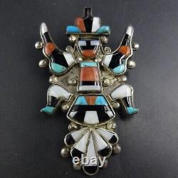 Vintage ZUNI PIN/BROOCH Sterling Silver KNIFEWING INLAY Turquoise Coral MOP Jet