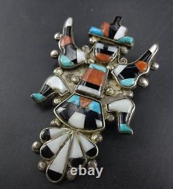 Vintage ZUNI PIN/BROOCH Sterling Silver KNIFEWING INLAY Turquoise Coral MOP Jet