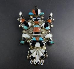 Vintage ZUNI PIN/BROOCH Sterling Silver KNIFEWING INLAY Turquoise Coral MOP Jet