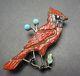 Vintage Zuni Sterling Silver Coral Inlay Turquoise & Jet Pin/brooch Red Cardinal