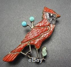 Vintage ZUNI Sterling Silver CORAL INLAY Turquoise & Jet PIN/BROOCH Red Cardinal
