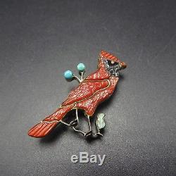 Vintage ZUNI Sterling Silver CORAL INLAY Turquoise & Jet PIN/BROOCH Red Cardinal