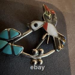 Vintage ZUNI Sterling Silver HUMMINGBIRD PIN/PENDANT Inlay of TURQ CORAL JET MOP