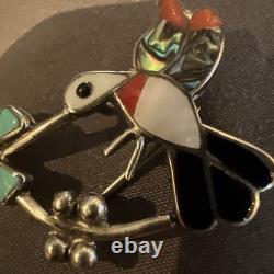 Vintage ZUNI Sterling Silver HUMMINGBIRD PIN/PENDANT Inlay of TURQ CORAL JET MOP