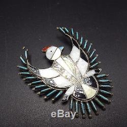 Vintage ZUNI Sterling Silver INLAY Turquoise Needlepoint THUNDERBIRD PIN Brooch