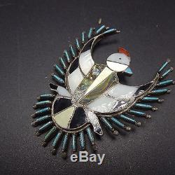 Vintage ZUNI Sterling Silver INLAY Turquoise Needlepoint THUNDERBIRD PIN Brooch