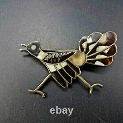 Vintage ZUNI Sterling Silver ROADRUNNER PIN/BROOCH Brown and White SHELL