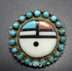Vintage ZUNI Sterling Silver SNAKE EYE TURQUOISE Sun Face PIN/BROOCH 1 Round