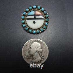 Vintage ZUNI Sterling Silver SNAKE EYE TURQUOISE Sun Face PIN/BROOCH 1 Round