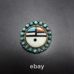 Vintage ZUNI Sterling Silver SNAKE EYE TURQUOISE Sun Face PIN/BROOCH 1 Round
