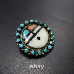 Vintage ZUNI Sterling Silver SNAKE EYE TURQUOISE Sun Face PIN/BROOCH 1 Round