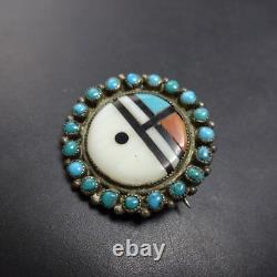 Vintage ZUNI Sterling Silver SNAKE EYE TURQUOISE Sun Face PIN/BROOCH 1 Round