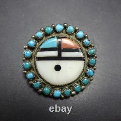 Vintage ZUNI Sterling Silver SNAKE EYE TURQUOISE Sun Face PIN/BROOCH 1 Round