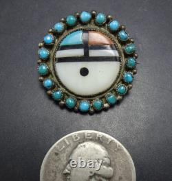 Vintage ZUNI Sterling Silver SNAKE EYE TURQUOISE Sun Face PIN/BROOCH 1 Round