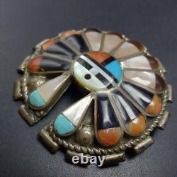 Vintage ZUNI SterlingSilver SUN FACE Inlay PIN/BROOCH PENDANT Turq Coral Jet MOP