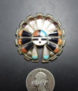 Vintage ZUNI SterlingSilver SUN FACE Inlay PIN/BROOCH PENDANT Turq Coral Jet MOP