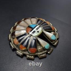 Vintage ZUNI SterlingSilver SUN FACE Inlay PIN/BROOCH PENDANT Turq Coral Jet MOP