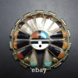 Vintage ZUNI SterlingSilver SUN FACE Inlay PIN/BROOCH PENDANT Turq Coral Jet MOP